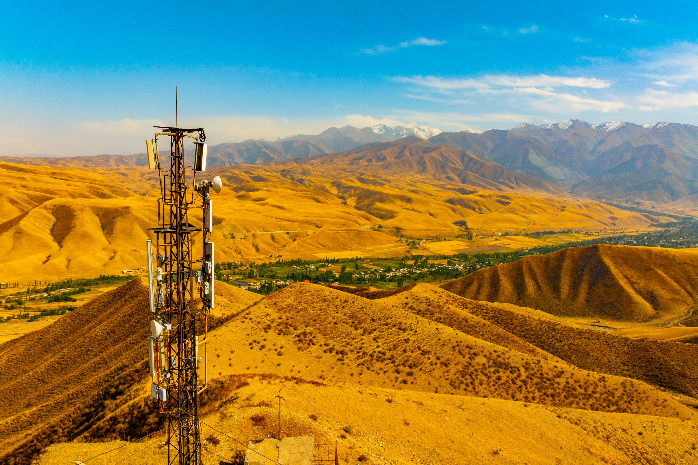 Telecommunications infrastructure across a mountain landscape