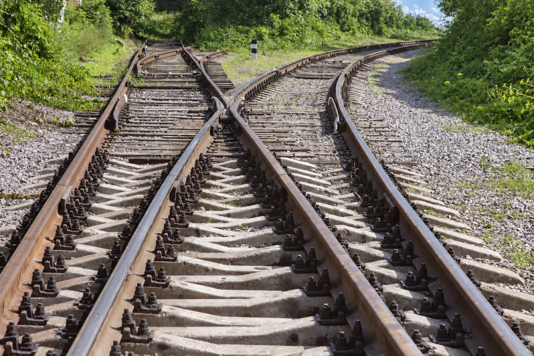 Parallel rail lines separating under a clear sky